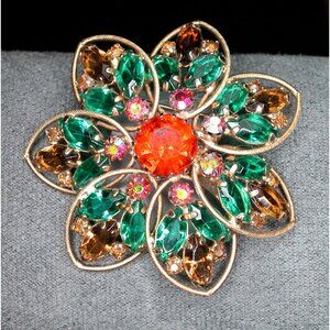 Weiss Rhinestone Flower Brooch Pin Green, Amber, Orange, & ABS Crystal Accents